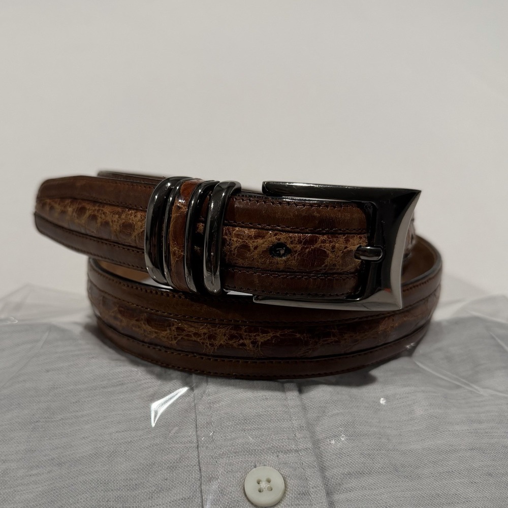 Mezlan Genuine Crocodile Leather Belt Size 34 Brown Made in Spain
